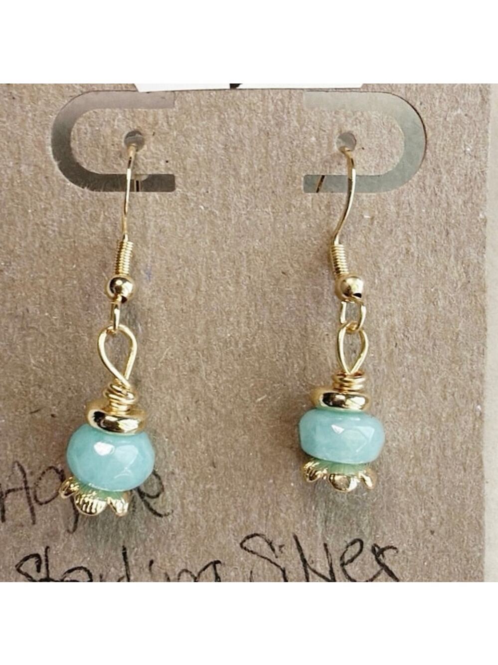 Gemstone Earrings, Aqua Blue Agate, Gold Over Sterling Silver Ear Hooks, Flower